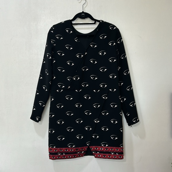 KENZO PARIS WOMENS MIDI DRESS EYE PATTERNS BLACK RED LONG SLEEVE Sz 40 - Picture 2 of 16